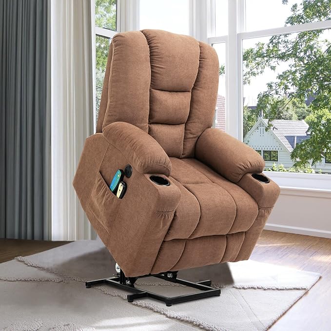 VIVIJASON Power Lift Chair Electric Recliner for Elderly Heated Vibration Massage Fabric Recliner Chair with 2 Remote Controls, Cup Holders, Side Pockets & USB Ports for Living Room (Coffee)