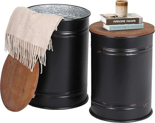 Rustic Storage Ottoman Seat Stool, Farmhouse Accent Side Table, Antique Galvanized Metal End Table Box Bin with Round Wooden Lid Set of 2 (Black)