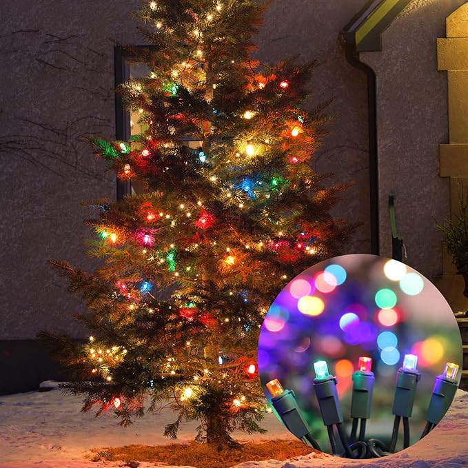 Multicolor Wide Angle LED Christmas Lights, 64.8 Ft 300 Count, Pack of 3 Strands 21.9 Ft 100 Lights UL Certified Commercial Grade Green Wire 5mm Holiday String Light