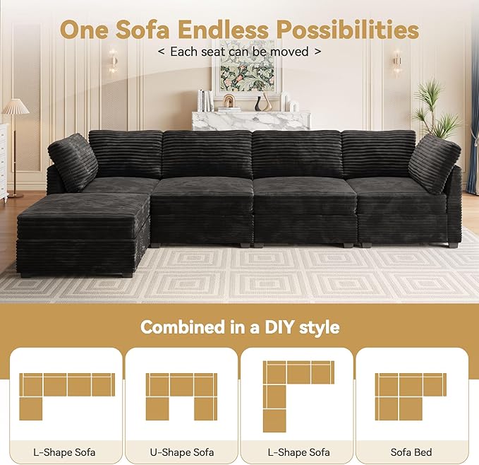 Modular Sectional Sofa, 130.7" L Shaped Couch Set for Living Room, 4-Seater Comfy Cloud Couches with Movable Ottoman, DIY Combination, Plush Corduroy, Black