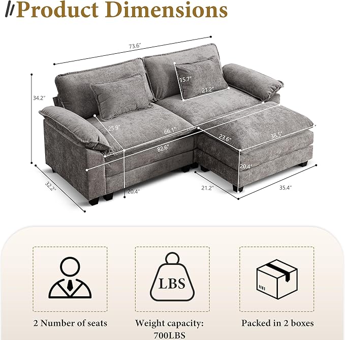 URRED Modular Sectional Sofa Comfy Cloud Couch, Modern Chenille Sofa Sleeper Deep Seat Couches with Ottoman/Pillows for Living Room (Gray, 82.6''- L Shape)