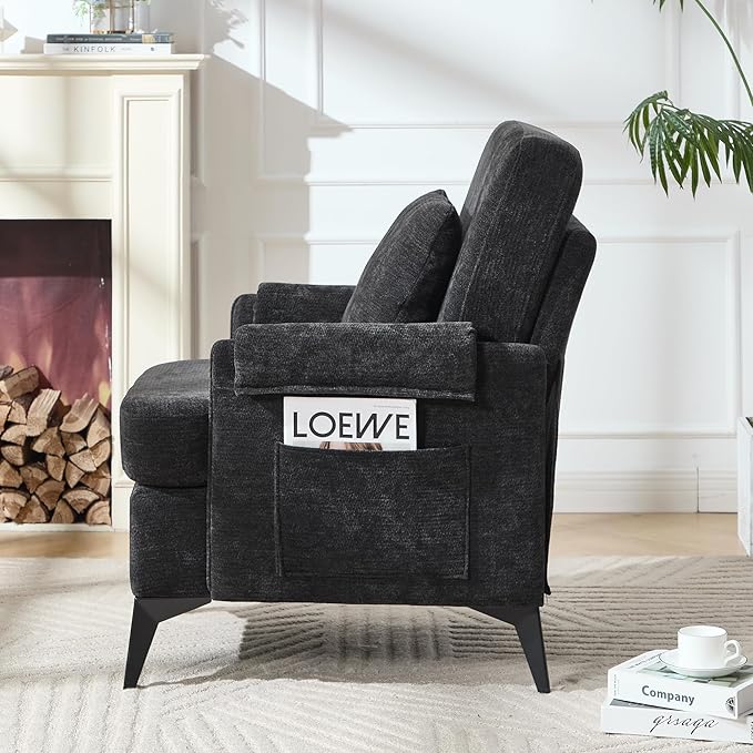 KCC Mid-Century Accent Chairs,Chenille Modern Upholstered Single Sofa,Cozy Armchair with Back for Bedroom/Office/Cafe,Black