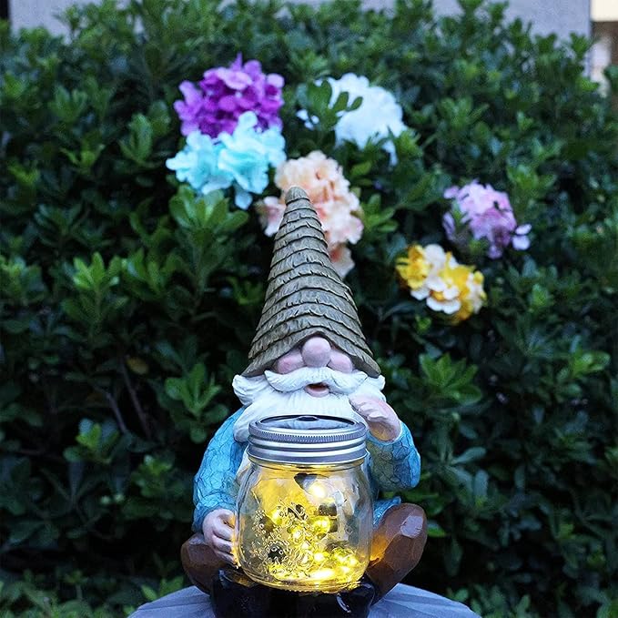 Solar Firefly Jar Gnome Waterproof- Large Garden Gnome Funny Solar Outdoor LED Lights Resin Statues 10.6" Lantern Figurines Decorations Birthday Gifts for Mom Women - Unique Housewarming Gifts