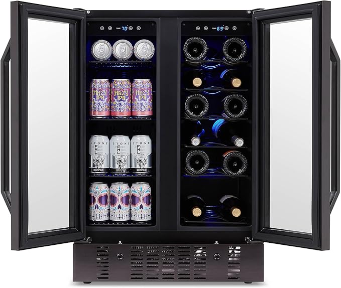 NewAir 24" Dual Zone Wine and Beverage Refrigerator, 18 Bottle & 58 Can, French Door Built-In Fridge with Lock, Black Stainless Steel Cooler, Digital Thermostat, Adjustable Shelves