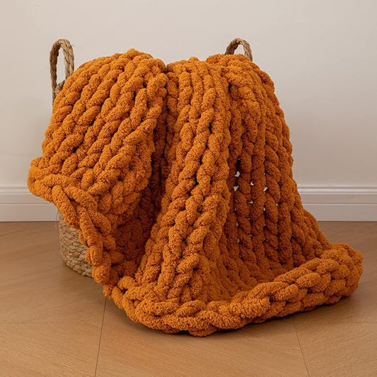 WESHIONGOO Chunky Knit Blanket Throw 40"×40" Knitted Throw Blankets for Couch Bed Fall Throw Blanket Fluffy Soft Blanket with Jumbo Chenille Yarn Thick 100% Handmade (Burnt Orange)