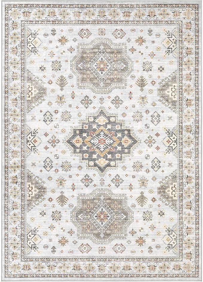 Washable Area Rugs for Living Room - 7x9 Neutral Vintage Distressed Floral Farmhouse Boho Large Soft Floor Rug Indoor Non Slip Carpet for Living Room Bedroom Dining Room Office - Blue Brown