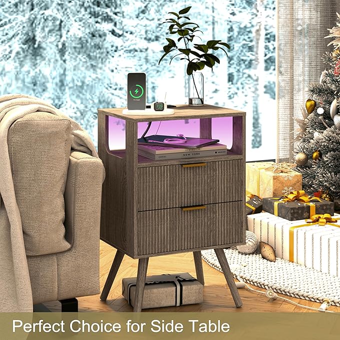 Nightstand with Charging Station and LED Lights,Modern Bedside Table with 2 Storage Drawer and Open Wood Shelf, for Bedroom and Small Spaces,Night Stand with Solid Wood Legs,GreyOak