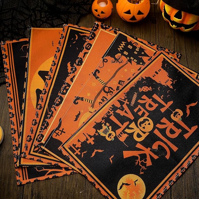 Umigy 6 Pcs Halloween Placemats 12"x18" Gothic Bat Placemats Kitchen Decoration Washable Witch Place Mats Rectangle Skull Table Mats for Halloween Dining Table Accessories(Black Orange Style)