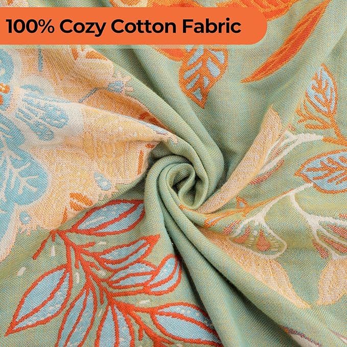 Boho Fall Throw Blanket for Bed,100% Ultra Cotton Soft Breathable Bed Throw Floral Printed Farmhouse Decor Rustic Bed Throws for Couch Sofa Quilt 60" x 80"-Orange& Sage Green