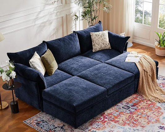 102.6" Luxury Modular Sleeper Sofa Bed 6 Seat Reversible Sectional Couch Deep Seat with Storage Chaises Removable Cover for Living Room, Apartment - Chenille Blue