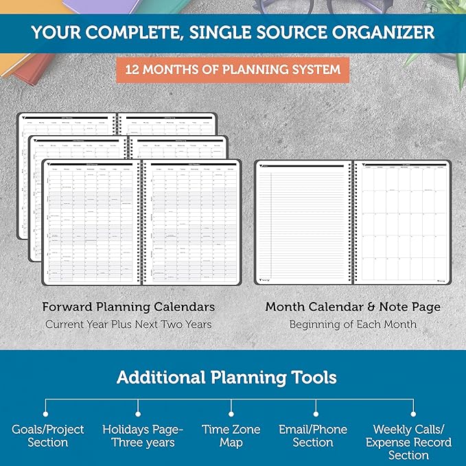 Planner Pad Spiral Bound 3-Tier Funnel Down 12 Month Organizer, July 2025 – June 2026 / Academic Year, Black Cover/Black Ink, 8 1/2" x 11"