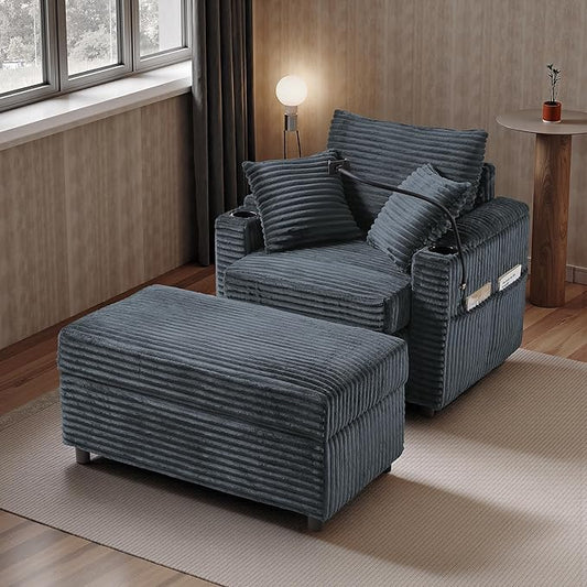 Accent Chair with Storage Ottoman Upholstered Living Room Chairs for Reading Chair with Chaise Lounge Chairs Indoor, Comfortable Armchair for Bedroom