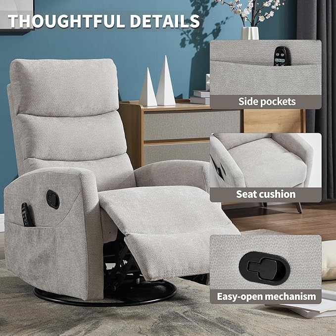 Manual Swivel Rocker Recliner Chair for Adults, Overstuffed Reclining Glider Chair for Nursing with Vibration Massage & Heat, Living Room Rocking Recliner 3-Stage backrest, Chenille Fabric Light Gray