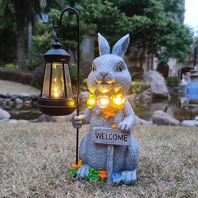 Solar Rabbit Garden Statues Outdoor Décor with Lantern- Rabbit Figurines Solar LED Light Lawn Ornaments - Yard Decorations for Patio, Balcony, Backyard -Unique House Warming Gifts for Mom