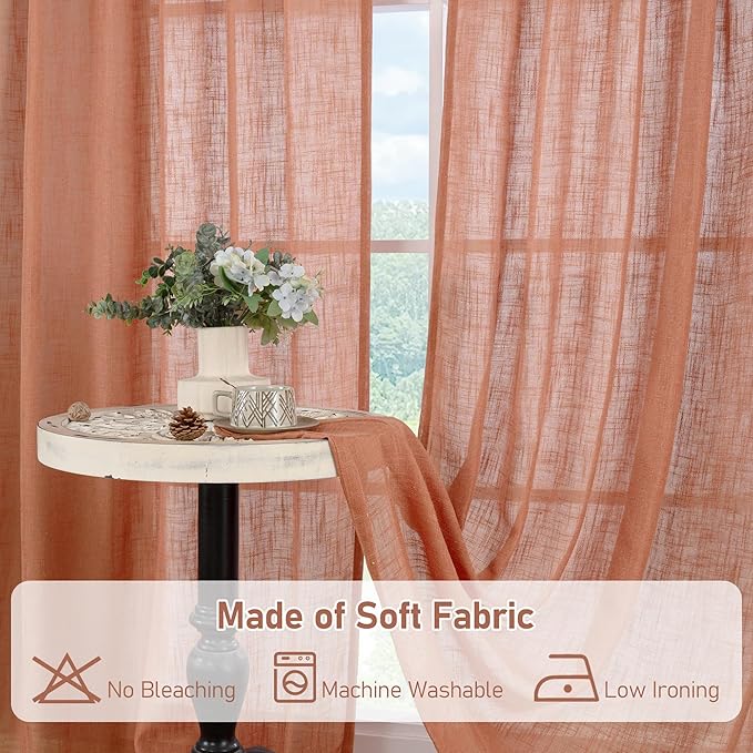 LAMIT Semi Sheer Linen Curtains 45 Inch Length, Terracotta Light Filtering Fall Decor Short Window Curtains with Bronze Grommet for Bedroom/Farmhouse, 2 Panels Set, 52 x 45 Inch