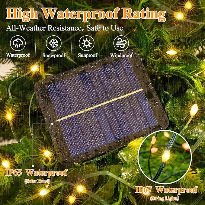 Solar String Lights 120LED 40FT, IP67 Waterproof Solar Lights for Outside with 8 Lighting Modes, Upgraded Solar Panel Fairy Lights for Garden Party Wedding Decorations (Warm White)