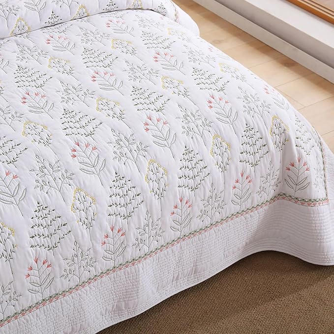 MarCielo 3-Piece 100% Cotton Oversized Bedspread Lightweight Quilt Coverlet Embroidery Farmhouse Bedding Set(TL Floral White,Oversized King (118"x106"))