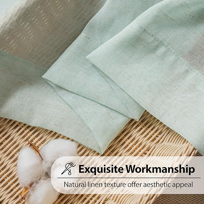 FMFUNCTEX Linen Sheer Curtains for Bedroom, Sage Green Curtains 63 Inch Length for Living Room, Farmhouse French Flax Blend Window Draperies, Rod Pocket 2 Panels Set