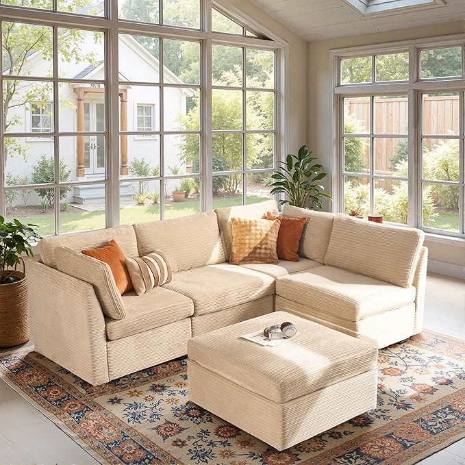 Modular Sectional Sofa, 130.7" L Shaped Couch Set for Living Room, 4-Seater Comfy Cloud Couches with Movable Ottoman, DIY Combination, Plush Corduroy, Beige