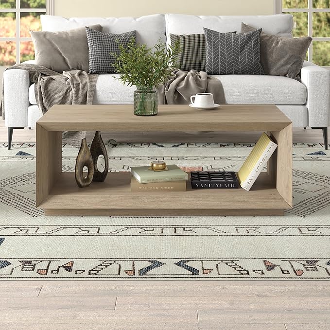 Henn&Hart 48" Rectangular Coffee Table with Open Storage Shelf for Living Room, Family Room, or Office, Antiqued Gray Oak