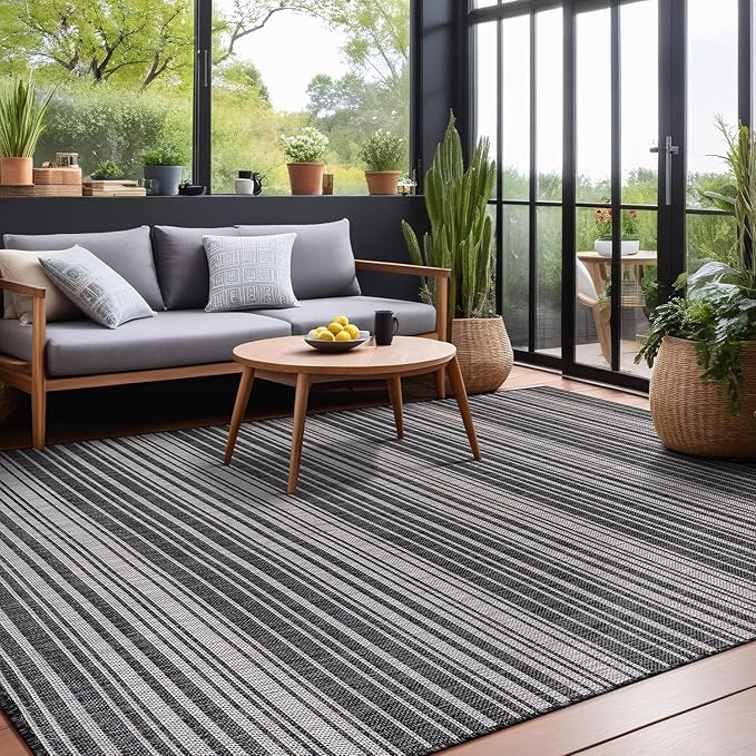 Stripe Outdoor Rug 10x14 Washable Outside Carpet for Indoor Patio Porch Waterproof Easy Cleaning Non Shedding Area Rugs Dark Gray 10 x 14