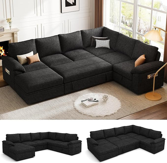 108 Inch Modular Sectional Sofa with Pull Out Bed,U Shaped 7 Seat Sectional Sleeper Sofa with Storage,Sectional Couches for Living Room,Cloud Modular Couch,Removable Sofa Cover,Black