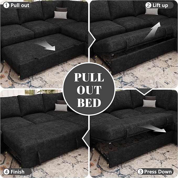 108 Inch Modular Sectional Sofa with Pull Out Bed,U Shaped 7 Seat Sectional Sleeper Sofa with Storage,Sectional Couches for Living Room,Cloud Modular Couch,Removable Sofa Cover,Black