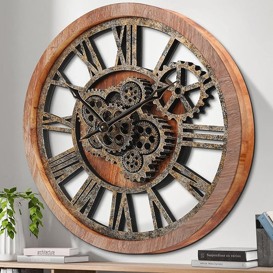 HOIBAI Large Wall Clock, Wall Clocks for Living Room Decor 20 Inch Farmhouse Vintage Rustic Kitchen Wall Decor Vintage Roman Oversized Wall Clock for Home Bedroom House, Moving Gears Clock
