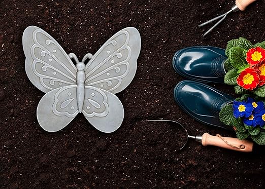 NAT & Jules Animal Character Shaped Dimensional Indoor Outdoor 11 inch Cast Resin Decorative Garden Stepping Stone, Patio, Walkway Sculpture Yard Art, Stone Grey Butterfly