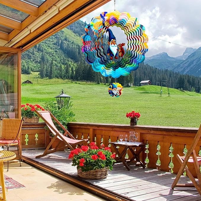 Gnomes Hanging Wind Spinners,12 Inch 3D Garden Spinner Kinetic Art Garden Decorations,Stainless Steel Reflective Wind Spinners for Yard