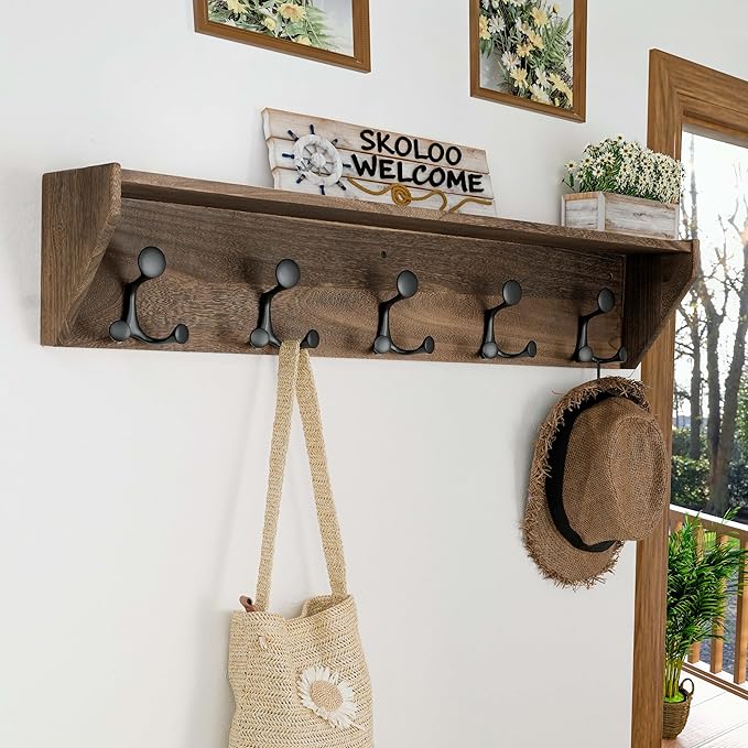 SKOLOO Wall Shelf with Hooks, 35-Inch Weathered Brown Coat Rack Wall Mount with Shelf Organizer - Lightweight & Sturdy, 5 Tri Hooks - Perfect for Entryway, Hallway, Living Room, Bedroom, Mudroom