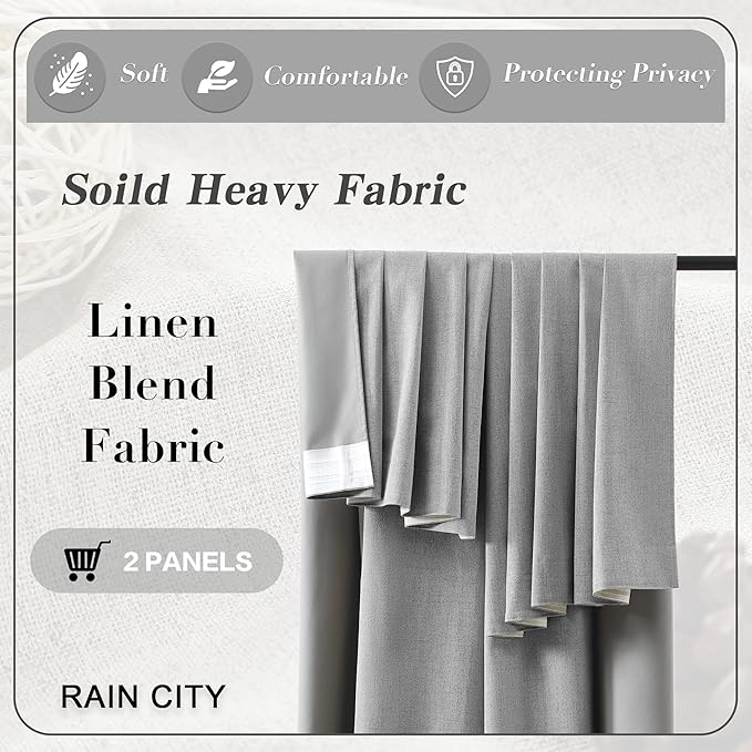 RAIN CITY 90 Inch Long Blackout Curtains 2 Panels Set,70 Inch Wide Back Tab Pleated Curtains with Hooks Track System,Energy Efficinet Linen Blend Drapes for Dining Room Hoom Office 70x90,Grey