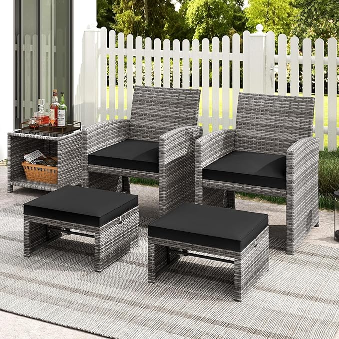 Tangkula 2 Pieces Patio PE Rattan Ottomans, Multipurpose Outdoor Footstool Footrest Additional Seating Side Table with Soft Zippered Cushions for Deck, Garden, and Yard (Black)