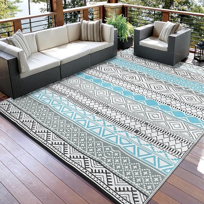 GAOMON Outdoor Rug 9'x12' Waterproof Rug for Patio Decor, Foldable Reversible Plastic Straw Area Rugs Mat for Camper, Outside Carpet for Deck, Porch, Picnic, Beach, Blue/Grey(Bohemia)