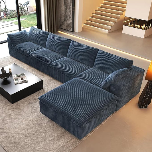157.5" L Shaped Modern Sofa Modular Sectional Cloud Couch with Ottoman,Deep Seat Upholstered Couches with Corduroy Fabric for Living Room Furniture,Bedroom and Apartment,No Assembly Required,Blue