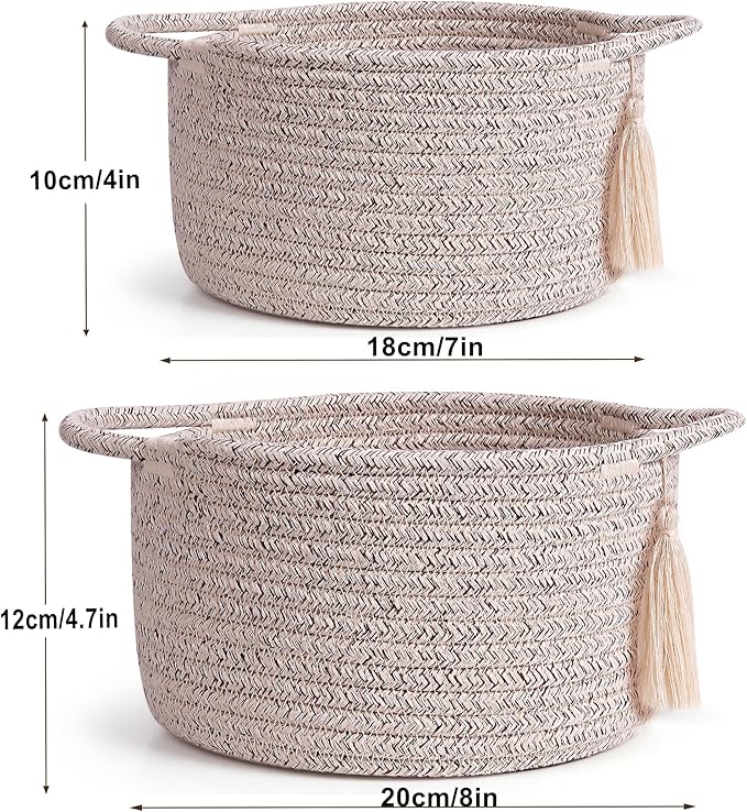 Small Soft Organizer Baskets,Decorative Mini Round Woven Rope Storage Bin Empty Gift Baskets for Man,Office, Desk Decor, Gifting, Kids, Toys, Pre Shaped, Brown, 2 Pack