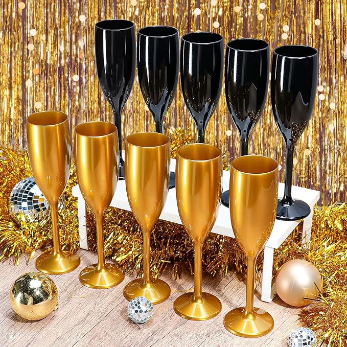 XUWAIDSGN Acrylic Champagne Flutes Toasting Glasses Unbreakable Mimosa Bar Reusable Wine Glasses Vintage Champagne Flutes Stemmed Drinking Cups 5.4 OZ for Christmas Birthday (10, Black)