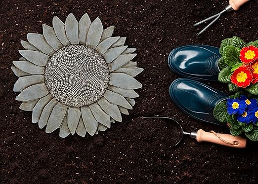 NAT & Jules Sunflower Shaped Dimensional Indoor Outdoor 12 inch Cast Resin Decorative Garden Stepping Stone, Patio, Walkway Sculpture Yard Art, Stone Grey