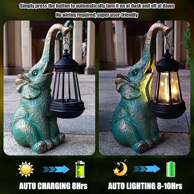 Elephant Garden Statue Outdoor Décor with Solar Lights Lantern,Elephant Solar Light Figurines Outside Decorations for Yard,Lawn Patio, Balcony, Unique Housewarming Gifts