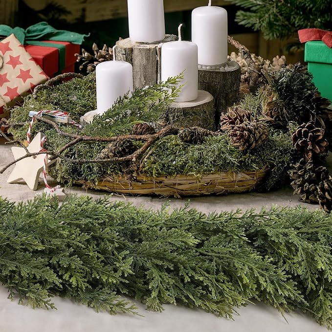 9ft Christmas Cedar Garland with Soft Thickness Pine, Artificial Green Faux Cedar Pine Garland for Mantle Fireplace Indoor Outdoor Holiday Party Home Decoration(2 Pcs)