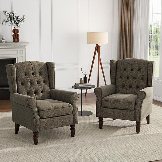 UIXE High Back Accent Chairs Set of 2, Upholstered Armchair in Fabric, Retro Wingback Arm Chair for Living Room, Comfy Single Sofa Bedroom Reading Seat with Solid Wood Legs - Taupe