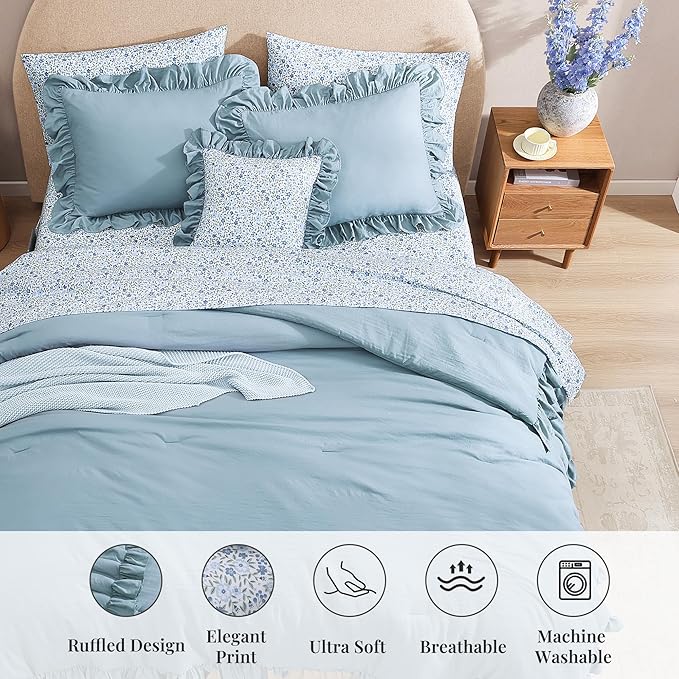 King Comforter Set - 7 Pieces Ruffle Blue Bedding Sets, Shabby Chic Farmhouse Bed in a Bag King with Ruffle Comforter, Floral Sheets, Pillowcases & Shams