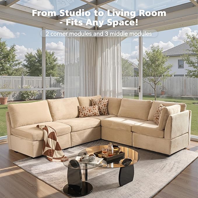 Modular Sectional Sofa with Chaise U Shaped Sectional Couch for Living Room, 5-Seater Comfy Cloud Couches, Plush Corduroy, Beige