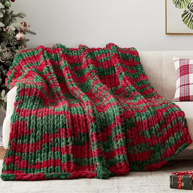Chunky Knit Throw Blanket, 30''*40'' Knitted Throw Chenille Yarn for Bed Couch, Handmade Stripe Crochet Big Thick Blanket, Machine Washable Cute Comfy Blanket for Home Decor