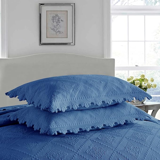 MarCielo 3-Piece 100% Cotton Oversized Bedspread Lightweight Quilt Coverlet Embroidery Farmhouse Bedding Set (Tk Midtone Blue, Oversized King (118"x106"))