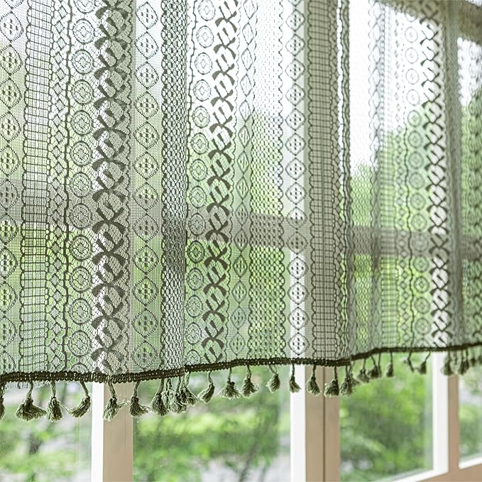 Sutuo Home Olive Green Boho Valance Curtains for Kitchen Cafe,Crochet Lace Sheer Bohemian Hollow with Handmade Tassels, Privacy Vintage Cottage Retro Farmhouse Tier, Rod Pocket 1 Panel 59" W x 36" L
