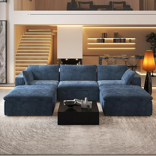 118" U Shaped Modern Sofa Modular Sectional Cloud Couch with 2 Ottoman,Upholstered Couches with Plush Corduroy Fabric for Living Room Furniture,Bedroom and Apartment,No Assembly Required,Blue