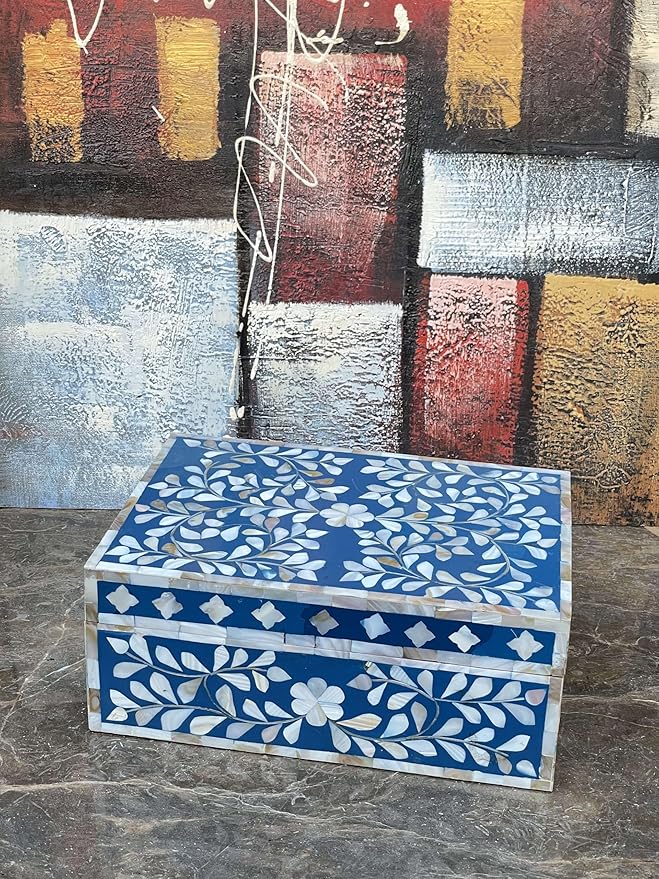 Decorative Storage Box Of Mother Of Pearl Inlay Floral Design Wooden Storage Box For Home Decoration For Living Dining & Bedroom (Navy Blue_12x8x5 inch)