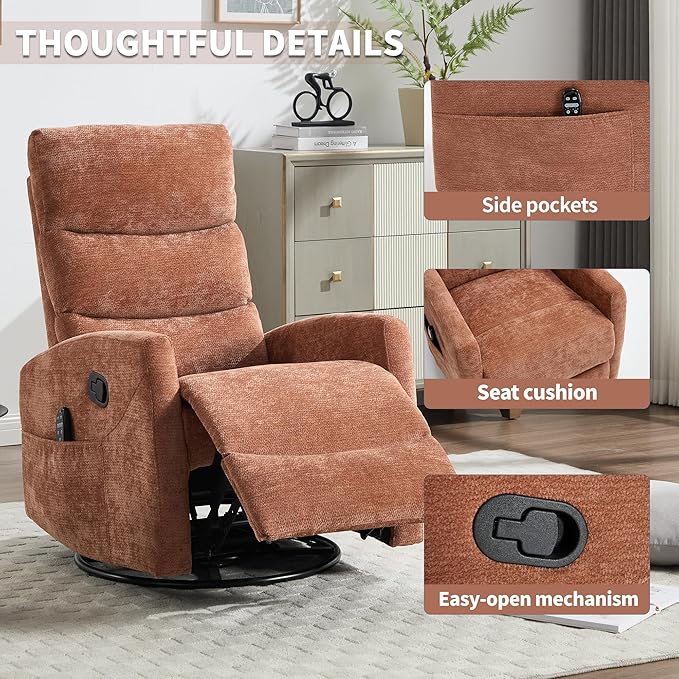 Manual Swivel Rocker Recliner Chair for Adults, Overstuffed Reclining Glider Chair for Nursing with Vibration Massage & Heat, Living Room Rocking Recliner 3-Stage backrest, Chenille Fabric Orange