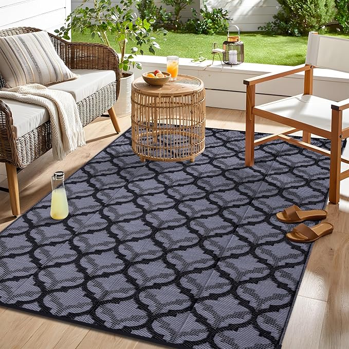 OLANLY Reversible Outdoor Rug 9x12 ft Clearance, Waterproof Outdoor Plastic Straw Rug with Interlacing Pattern, RV Mat for Patio, Camping, Balcony, Deck, Backyard, Black & Grey